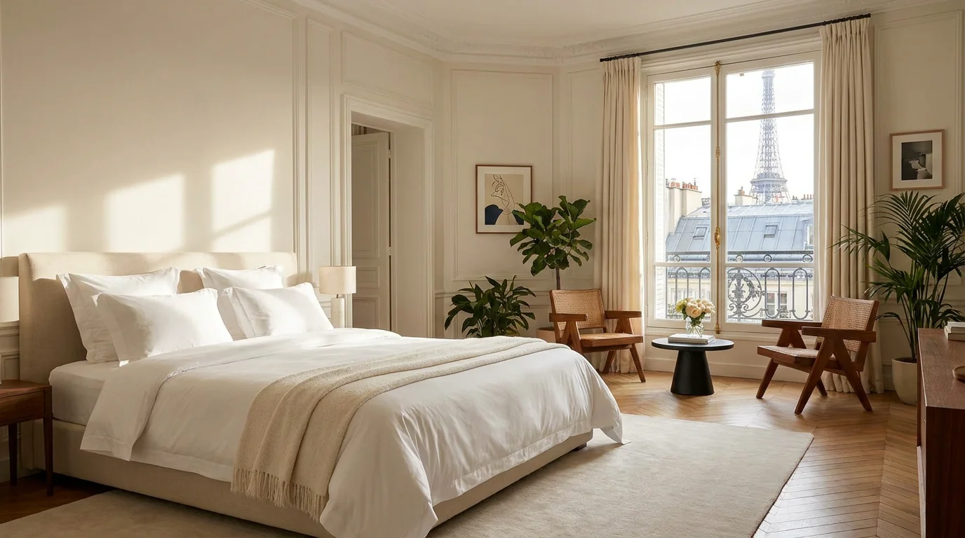 Appartement parisien préparé par une conciergerie de gestion locative avec linge hôtelier et vue sur les toits