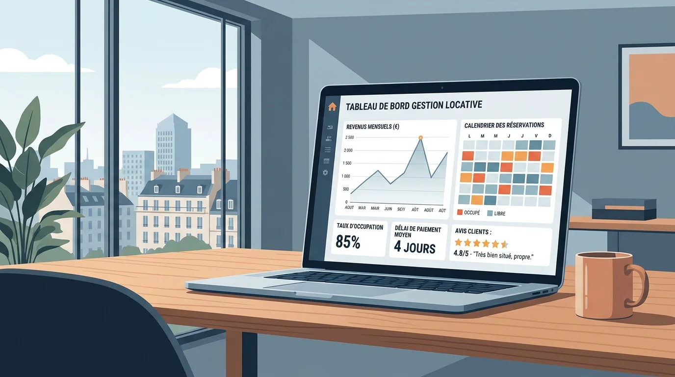 Tableau de bord de reporting pour la gestion locative avec indicateurs de revenus et réservations