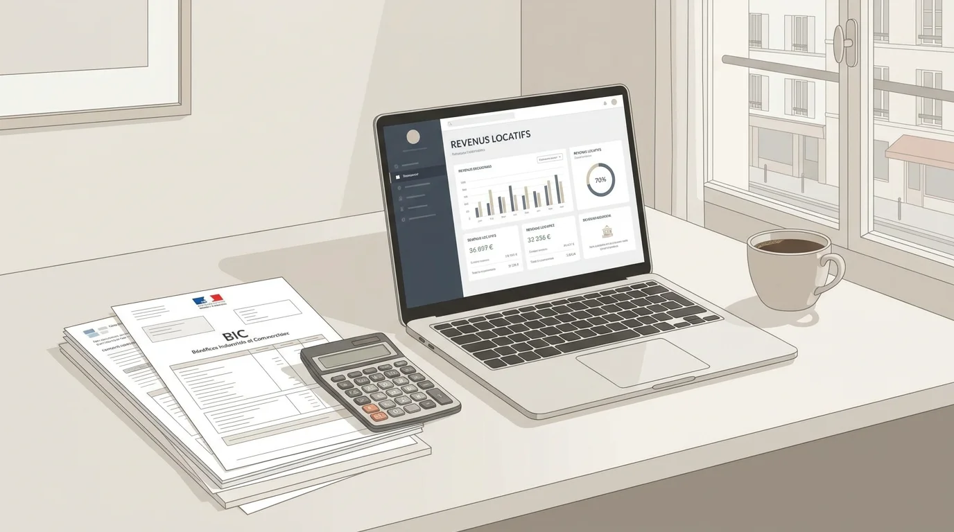 Bureau avec documents fiscaux et calculatrice illustrant la fiscalité de la location meublée saisonnière