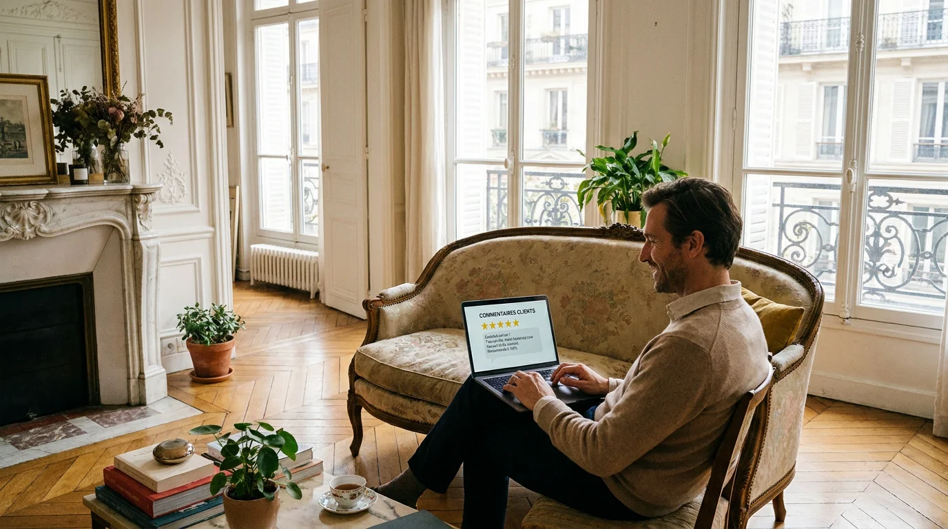 Propriétaire parisien rédigeant un avis Airbnb sur son ordinateur portable
