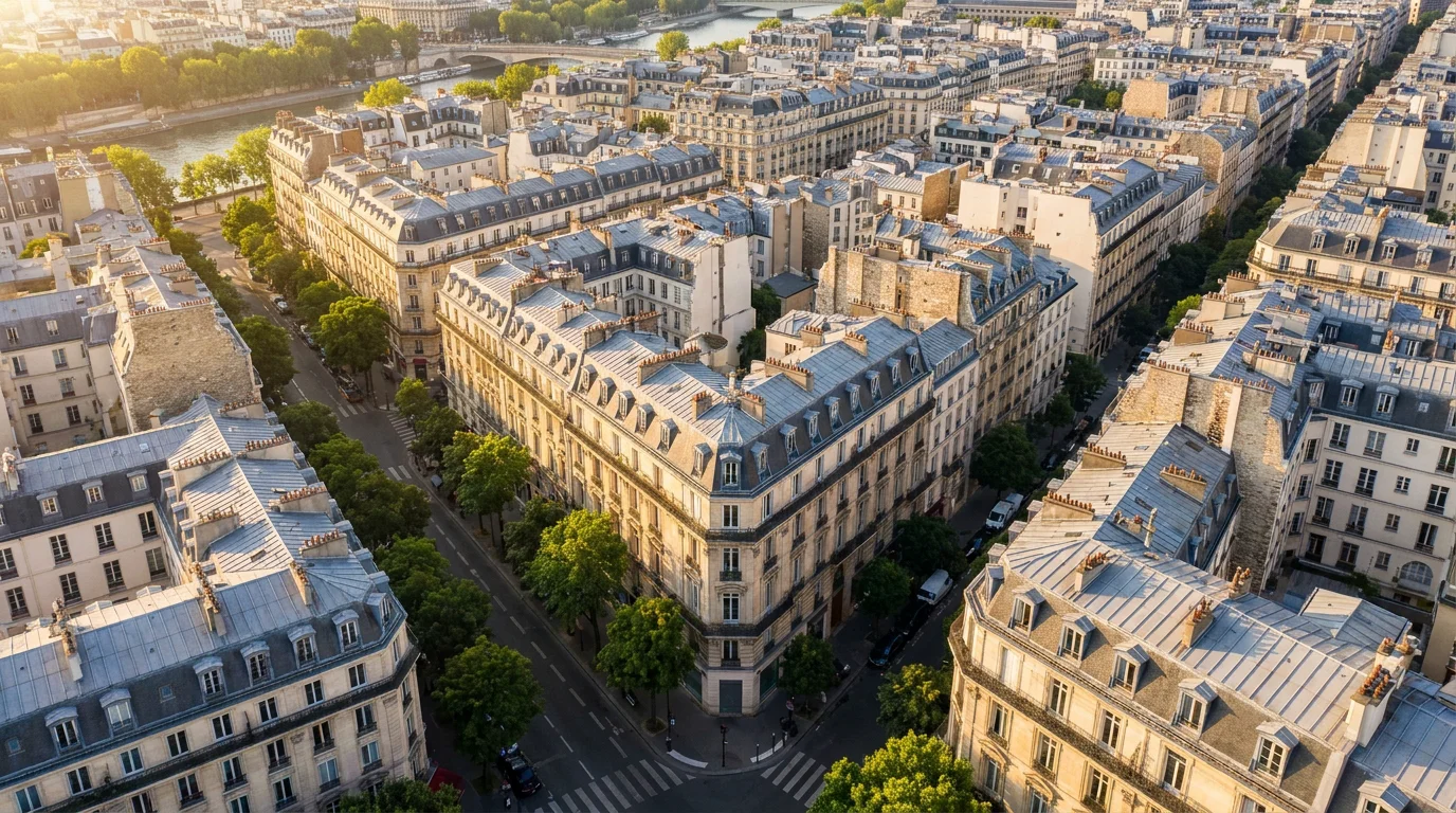 Vue aérienne de Paris avec immeubles haussmanniens illustrant le marché de la conciergerie locative en France