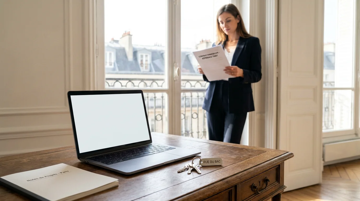 Bureau de concierge privé avec ordinateur et clés dans un appartement parisien
