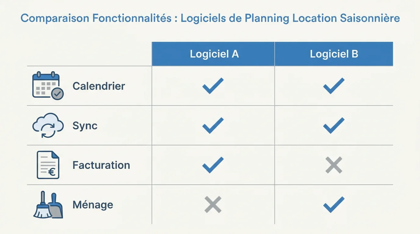 Infographie des fonctionnalités clés d'un logiciel de planning pour location saisonnière