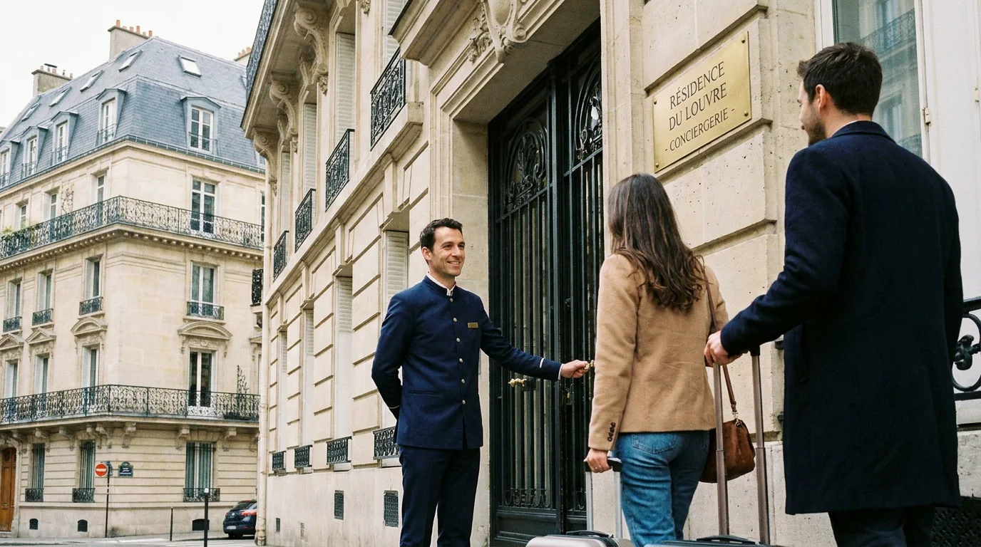 Concierge accueillant des voyageurs devant un immeuble parisien
