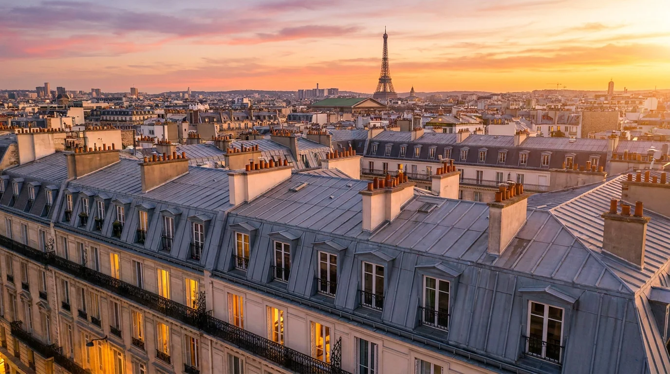 Toits haussmanniens de Paris au coucher du soleil avec vue sur la Tour Eiffel