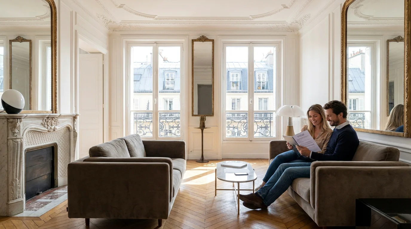 Couple européen dans un appartement parisien meublé pour la location de vacances