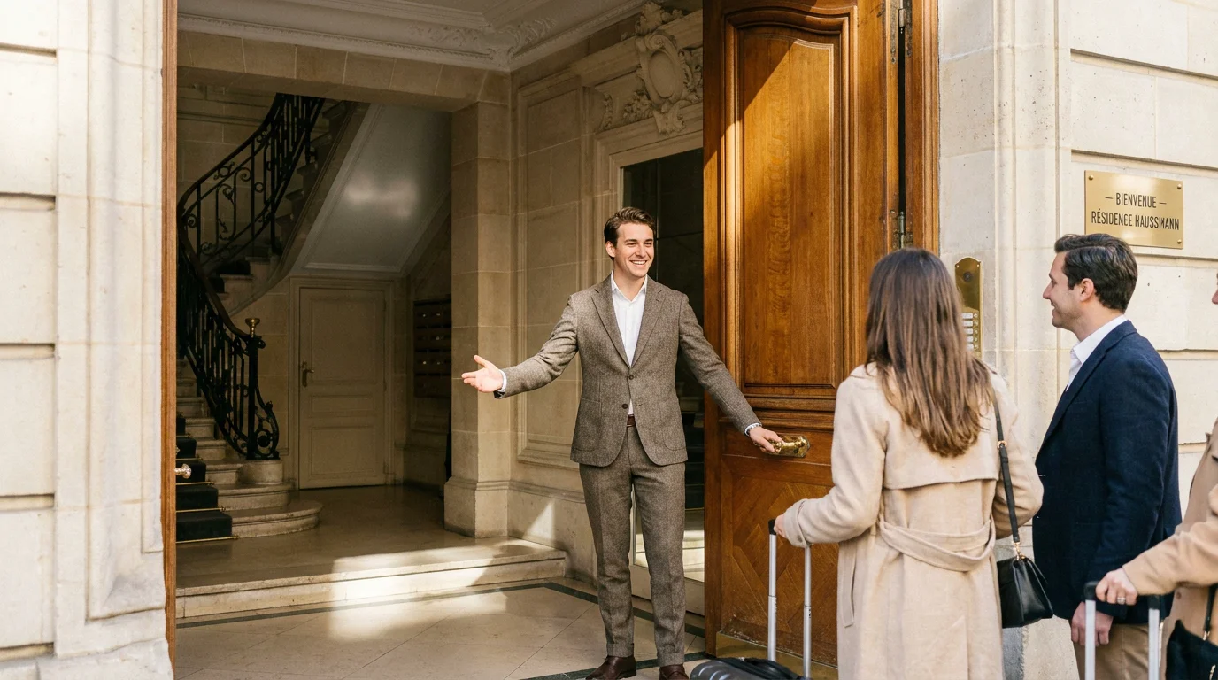Concierge Airbnb accueillant des voyageurs dans un appartement parisien