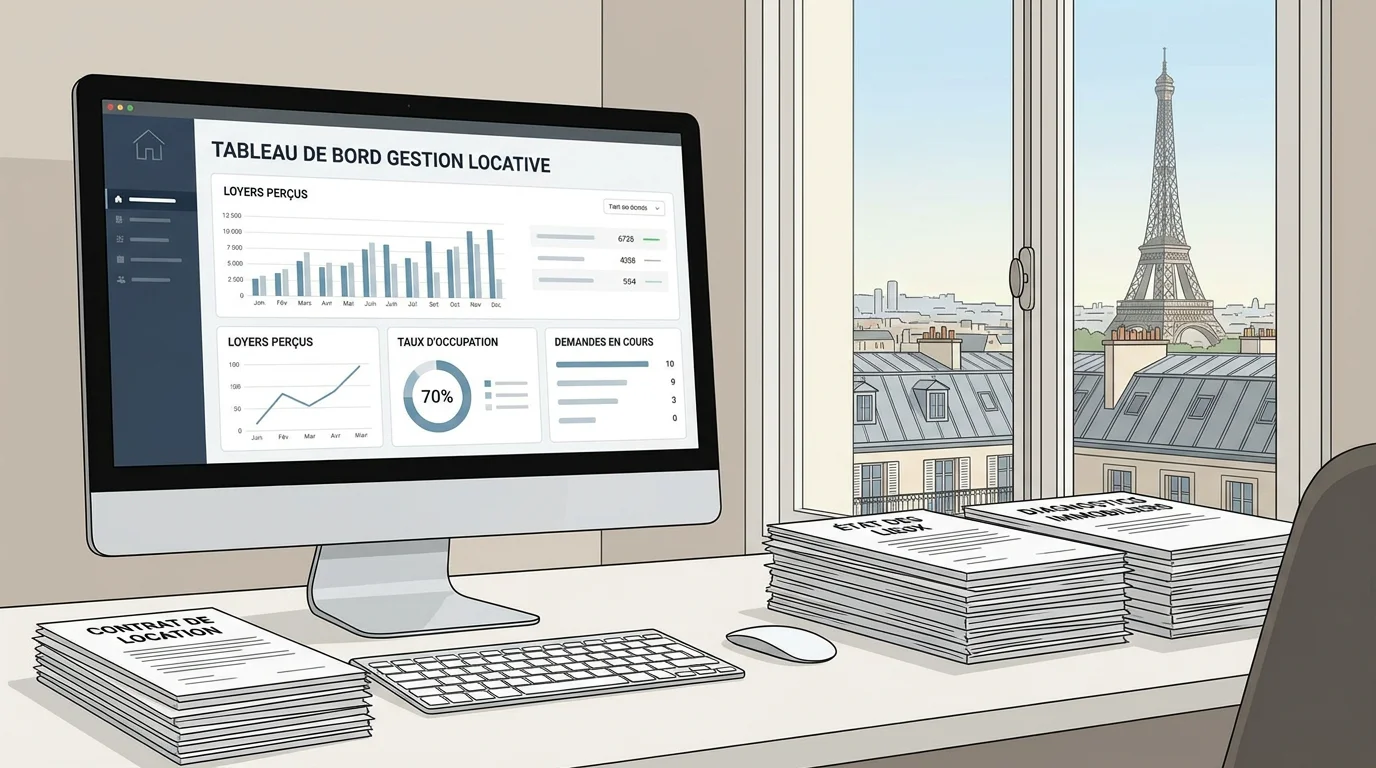 Bureau de gestion de conciergerie Airbnb avec vue sur Paris
