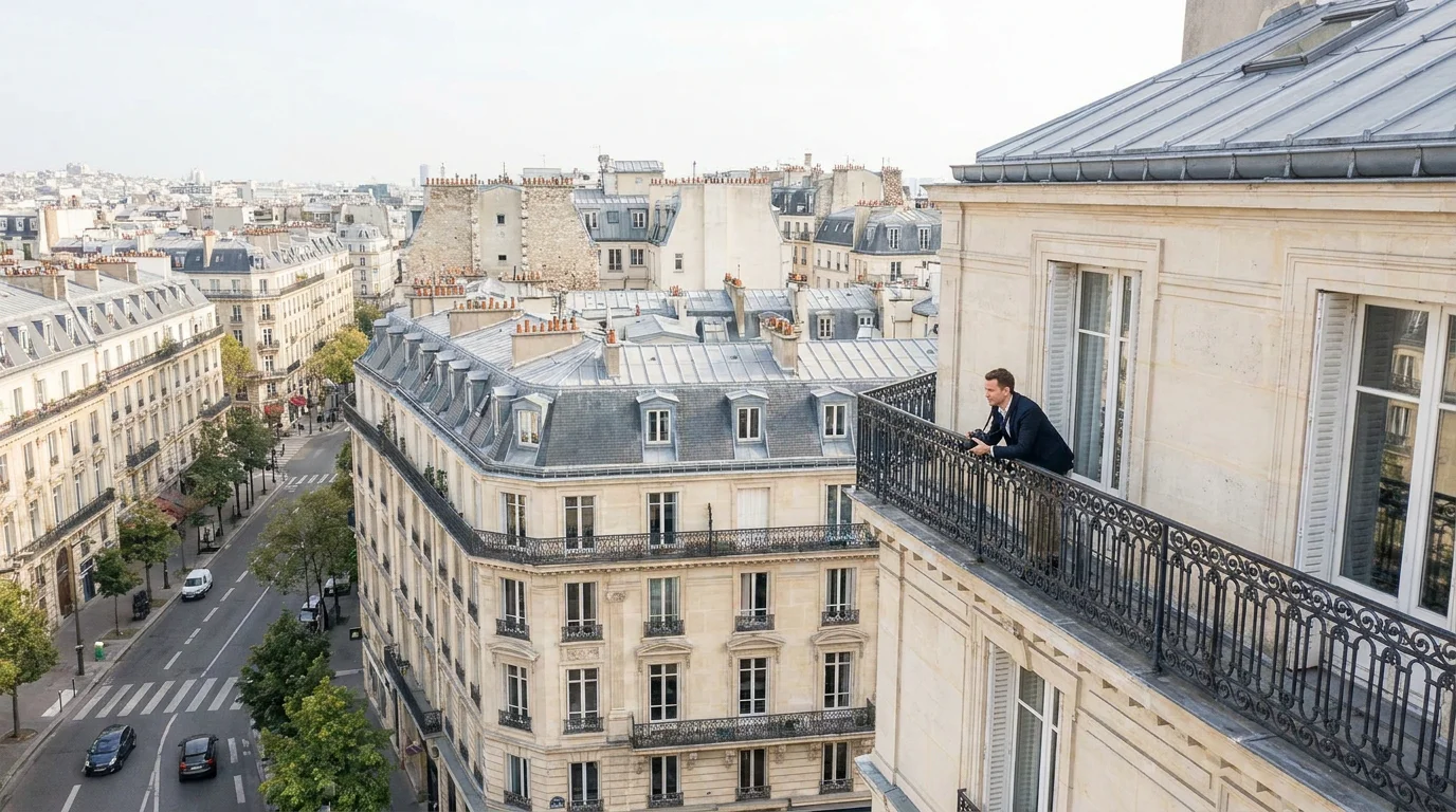 Vue de toits parisiens depuis un balcon avec un propriétaire observant la ville