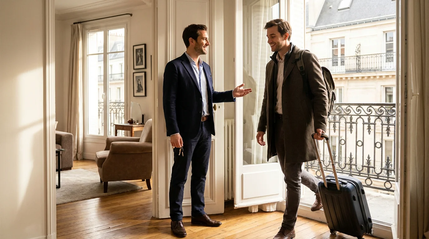 Concierge professionnel accueillant un voyageur dans un appartement parisien