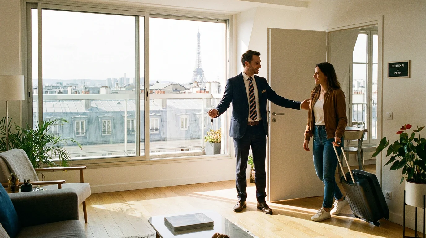 Concierge accueillant un voyageur dans un appartement parisien en location saisonnière