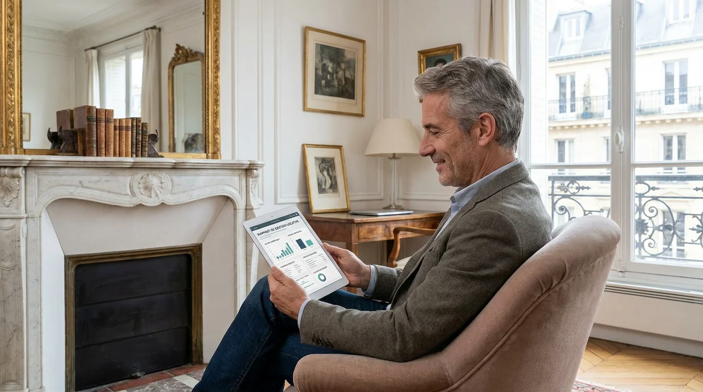 Propriétaire consultant un reporting de gestion locative sur tablette dans son salon