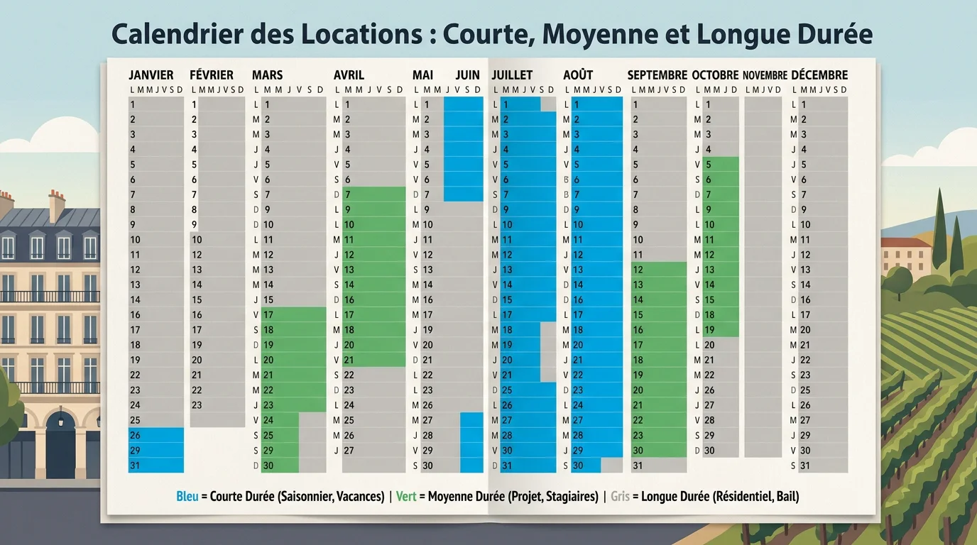 Calendrier annuel comparant les périodes de location courte, moyenne et longue durée