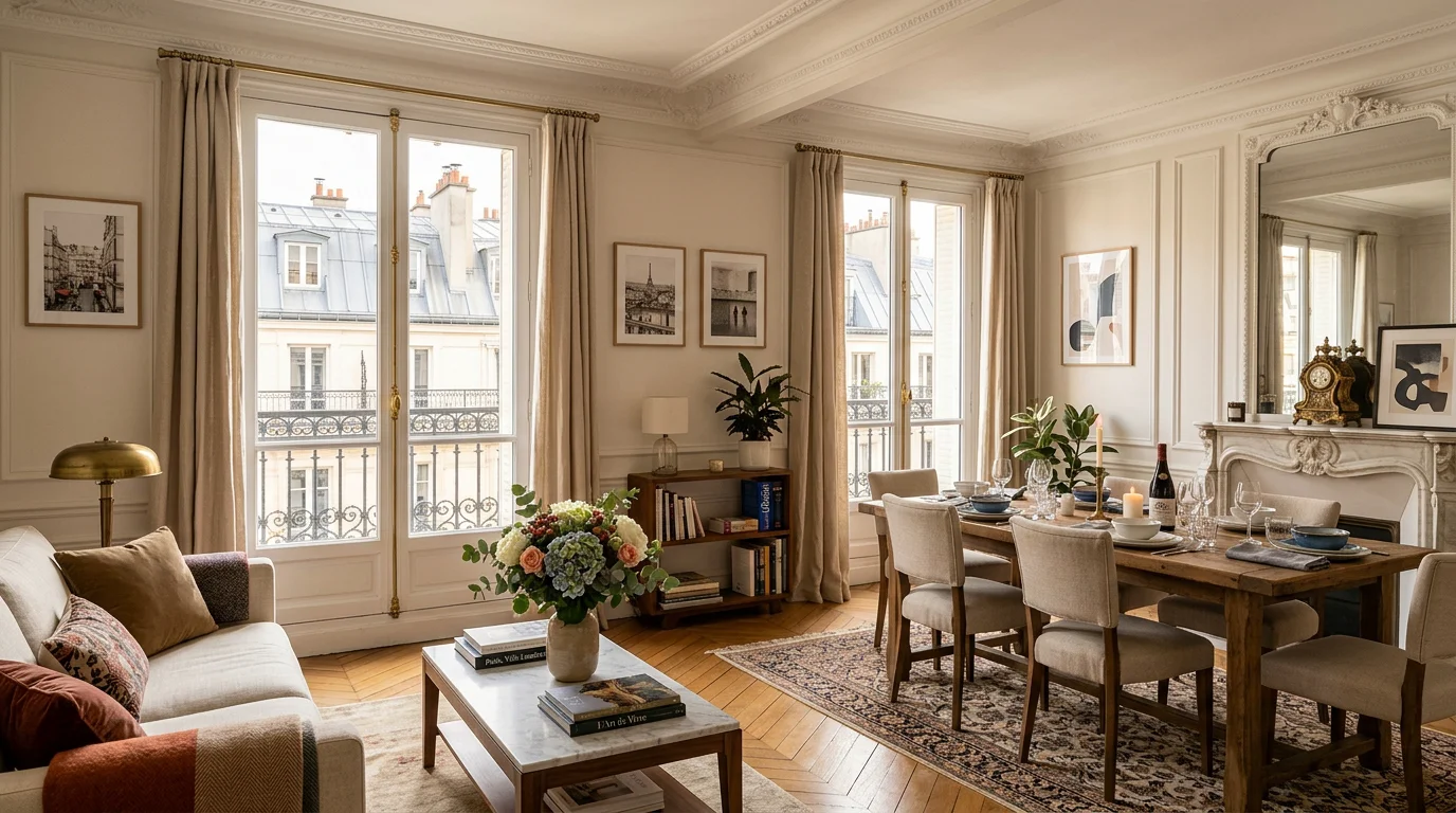 Intérieur d'un appartement parisien soigné prêt à être loué en courte durée