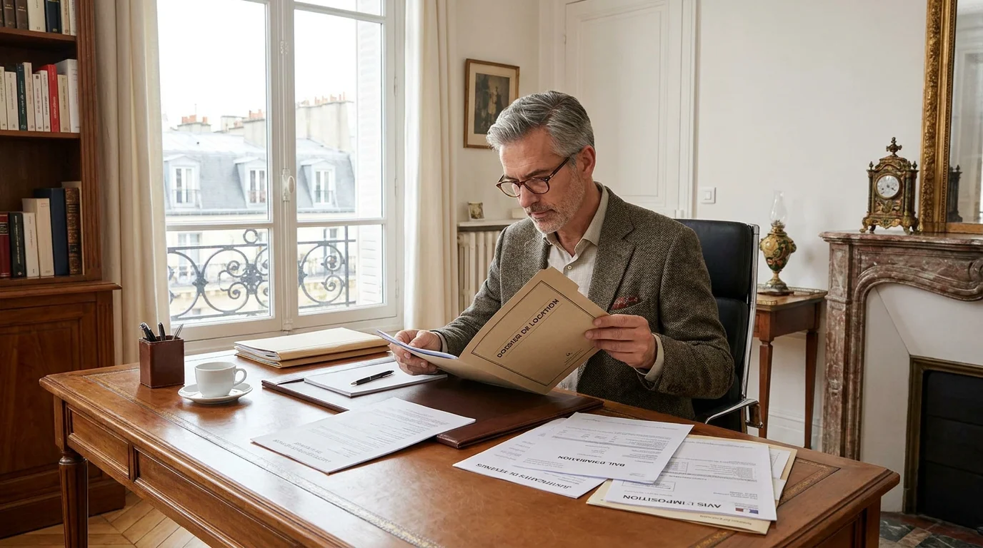 Propriétaire parisien vérifiant un dossier de candidature locative