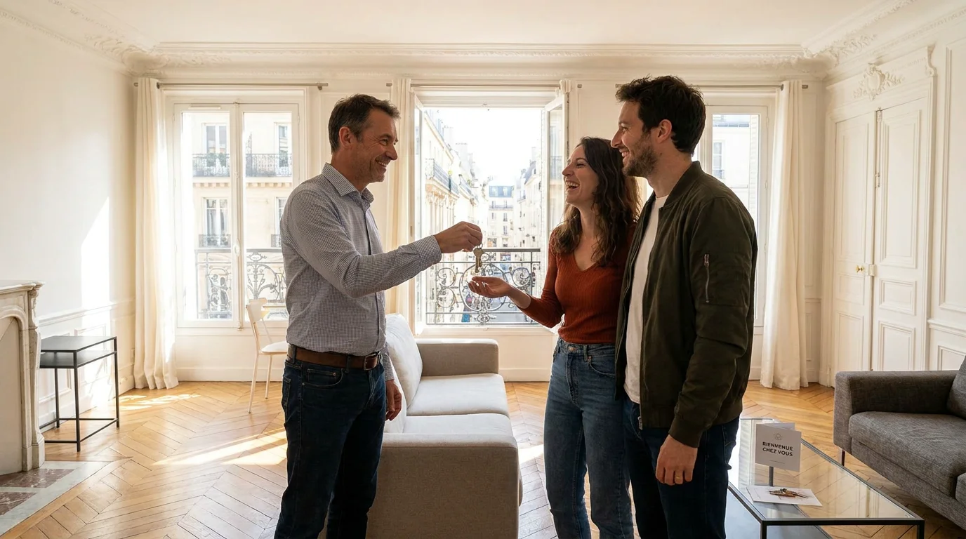 Propriétaire remettant les clés d'un appartement parisien à des locataires en direct