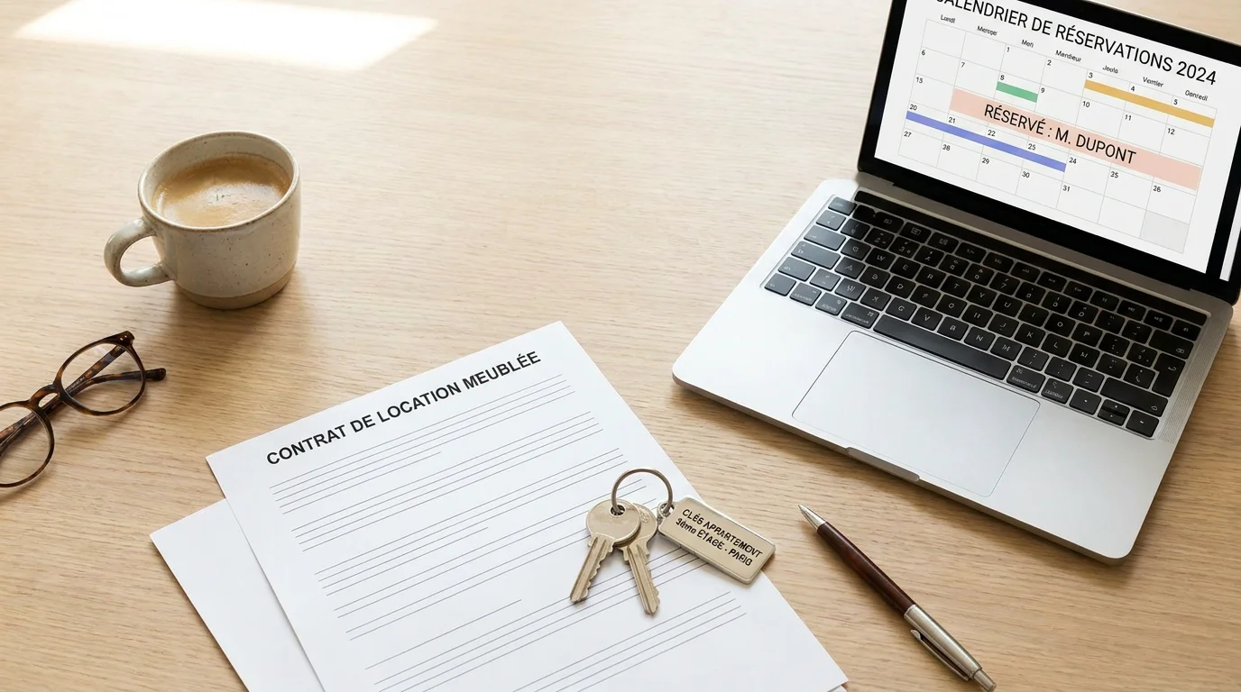 Bureau de propriétaire avec contrat de bail et outils de gestion locative