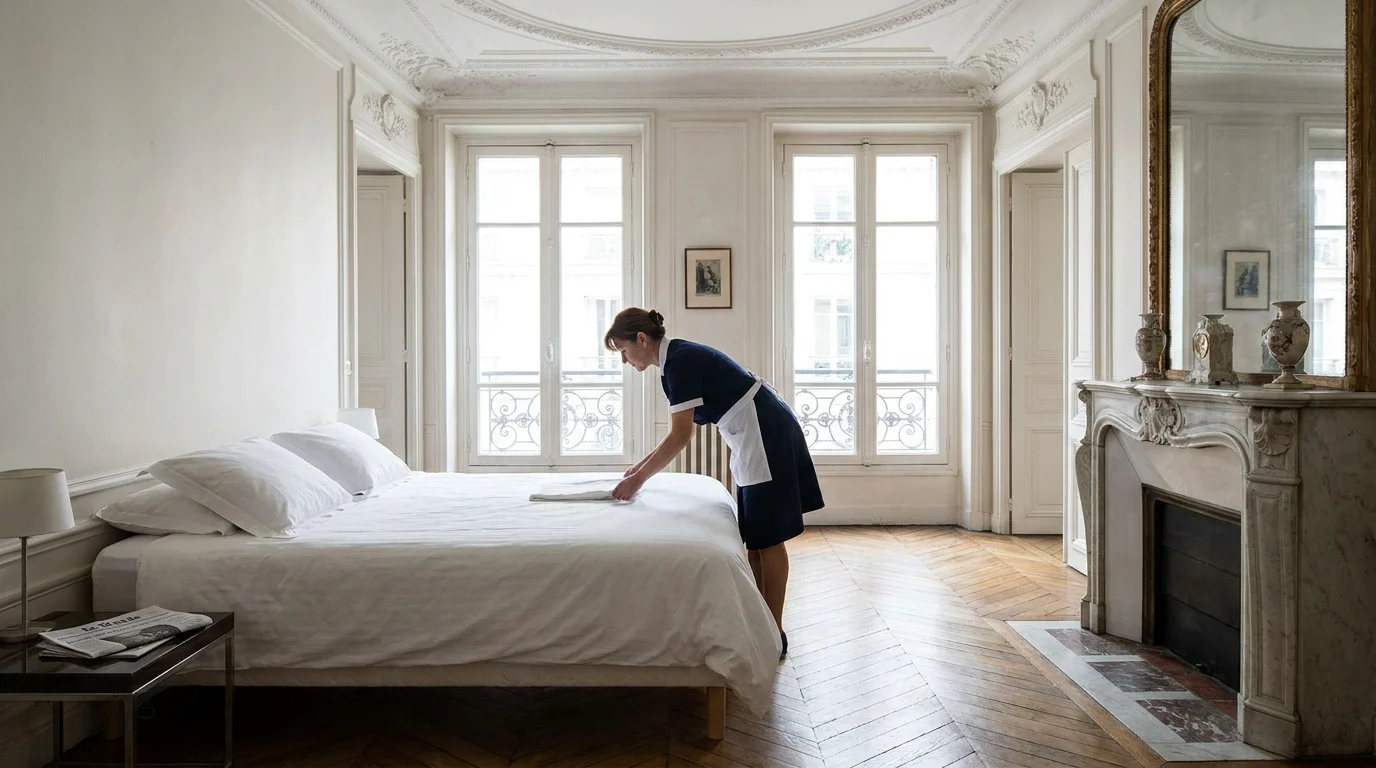 Femme de ménage préparant un lit dans un appartement parisien pour location Airbnb