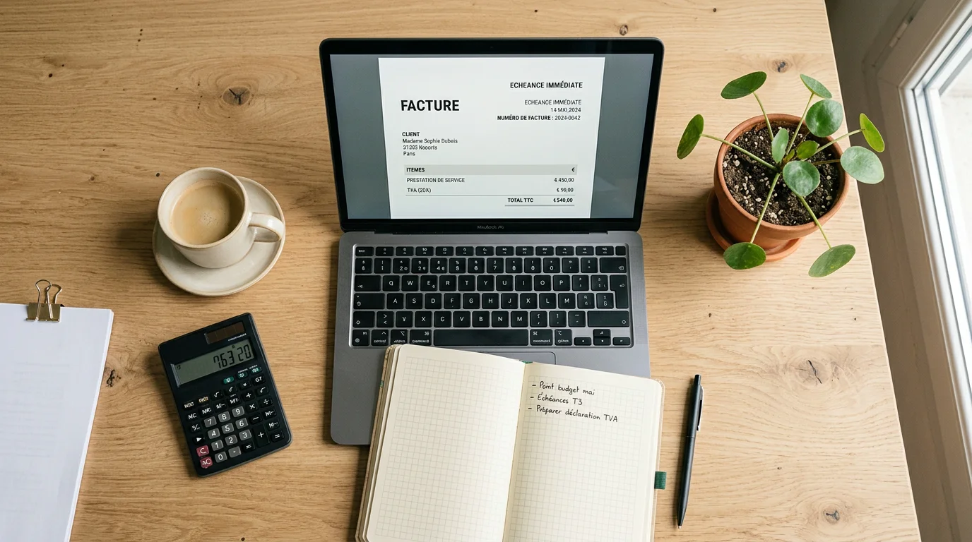 Bureau avec ordinateur, facture et calculatrice pour la gestion d'une micro-entreprise de ménage