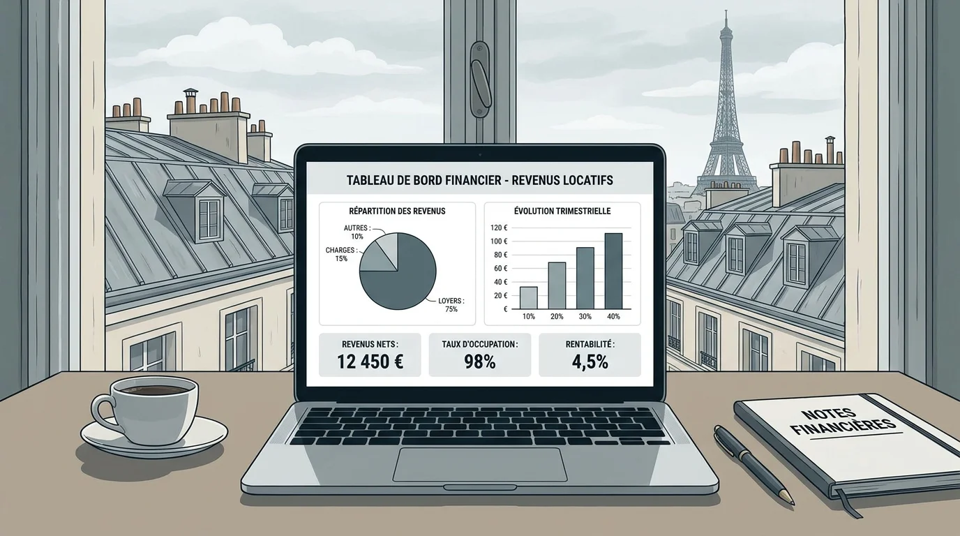 Tableau de bord montrant les frais de commission sur un écran d'ordinateur dans un appartement parisien