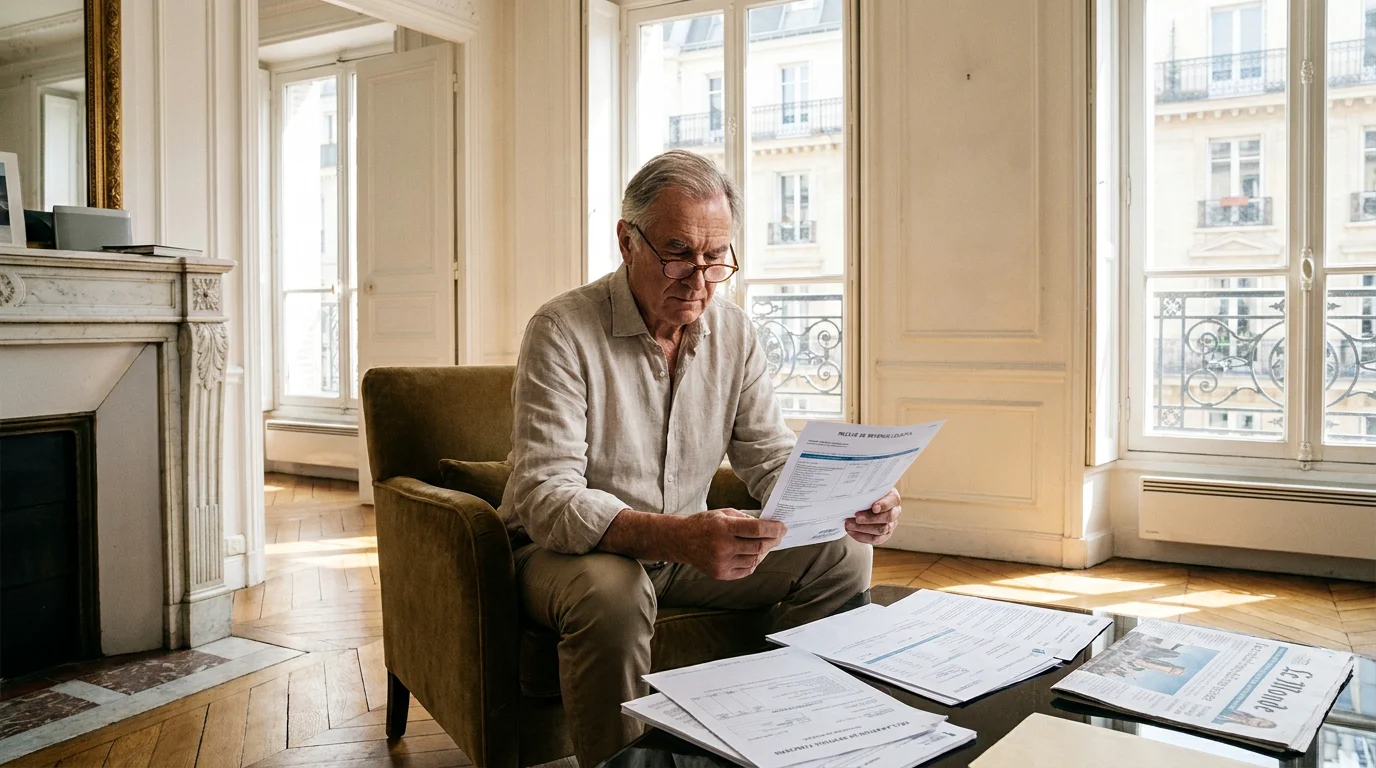 Propriétaire européen analysant ses revenus locatifs dans un appartement haussmannien à Paris