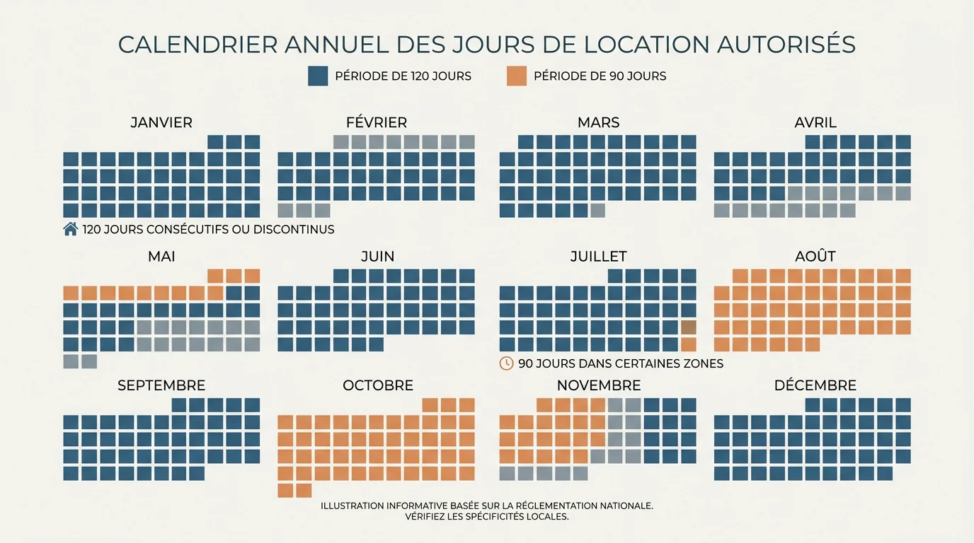 Calendrier illustrant la durée maximale annuelle de location saisonnière en France