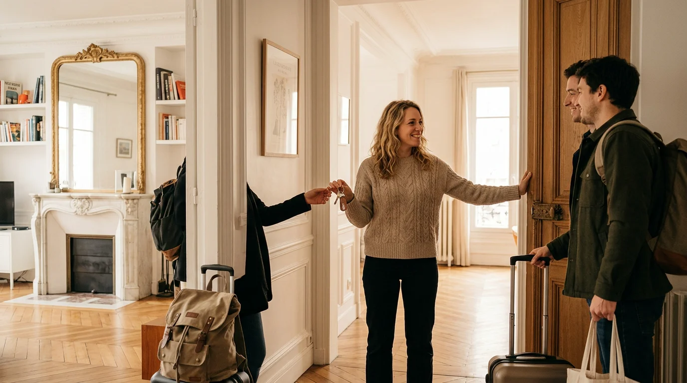 Accueil de voyageurs par une conciergerie dans un appartement parisien
