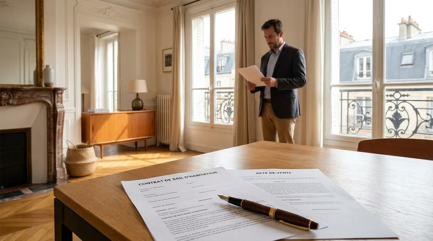 Appartement meublé à Paris avec documents de bail de location saisonnière sur une table