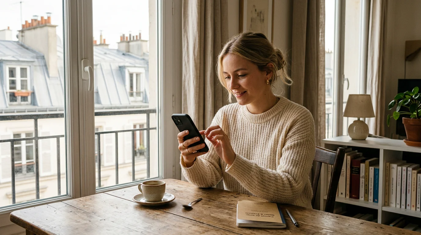 Voyageuse européenne réservant un logement Airbnb en paiement échelonné depuis un appartement parisien