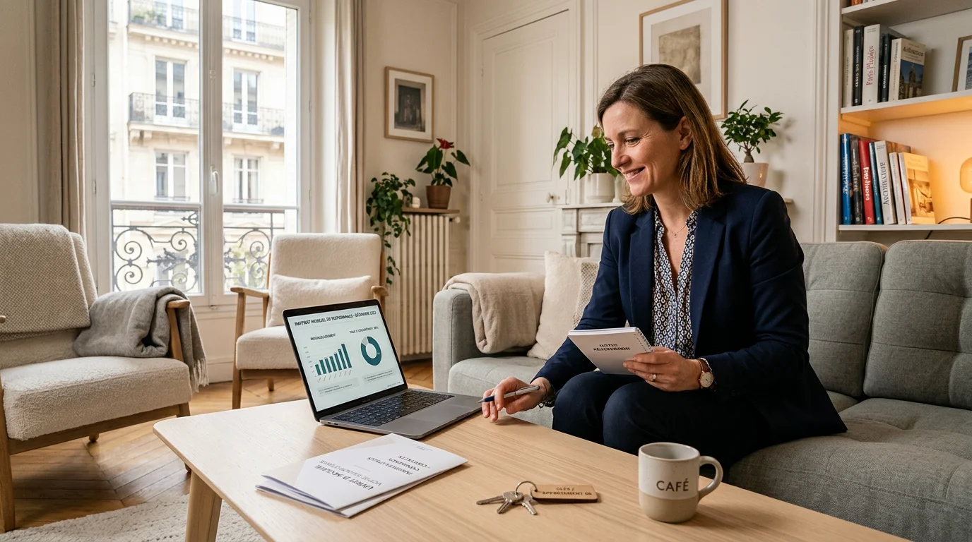 Gestionnaire européen analysant un reporting de location courte durée dans un appartement parisien