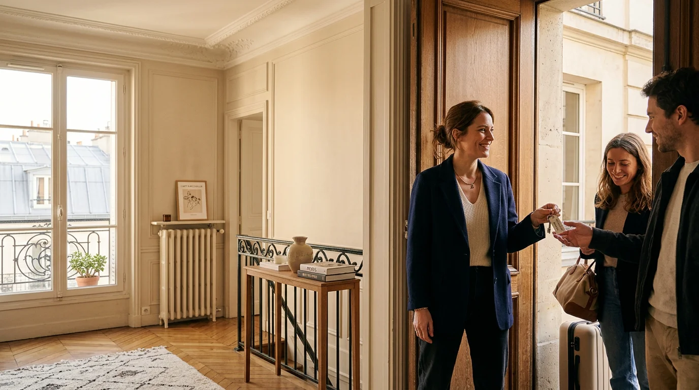 Concierge accueillant des voyageurs dans un appartement parisien