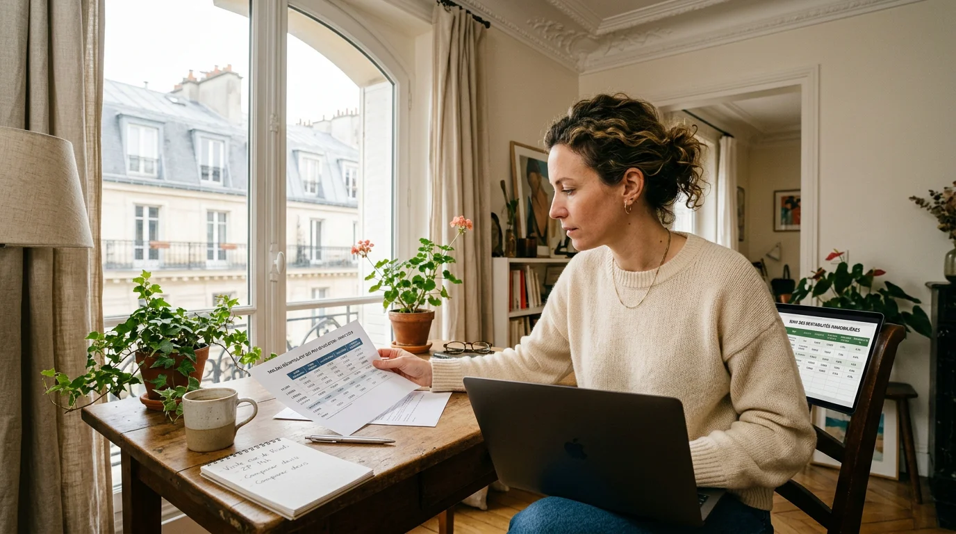 Propriétaire parisienne comparant les prix d'une conciergerie sur son bureau