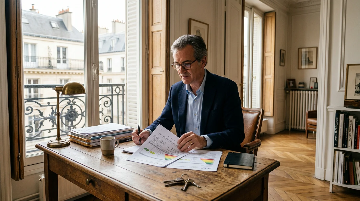 Propriétaire européen consultant un diagnostic de performance énergétique dans un appartement parisien