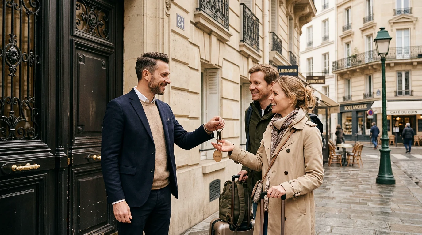 Concierge Airbnb remettant les clés à des voyageurs devant un immeuble parisien