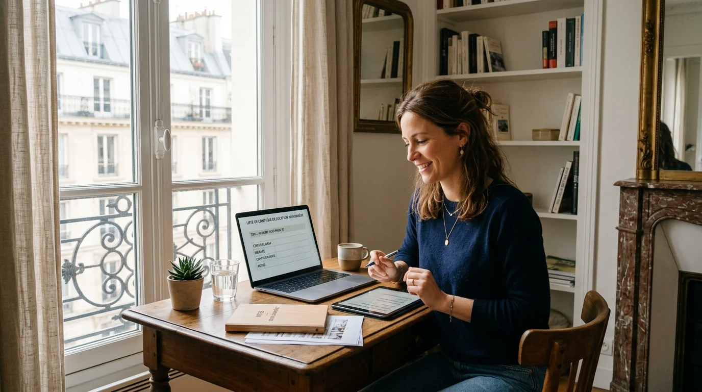 Une gestionnaire prépare la gestion d'une location courte durée dans un appartement parisien