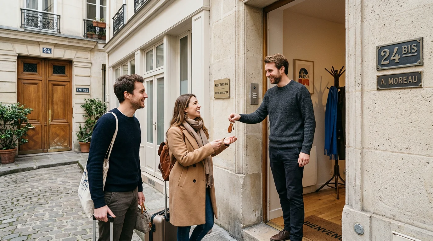 Un concierge accueille des voyageurs lors d'un check-in à Paris