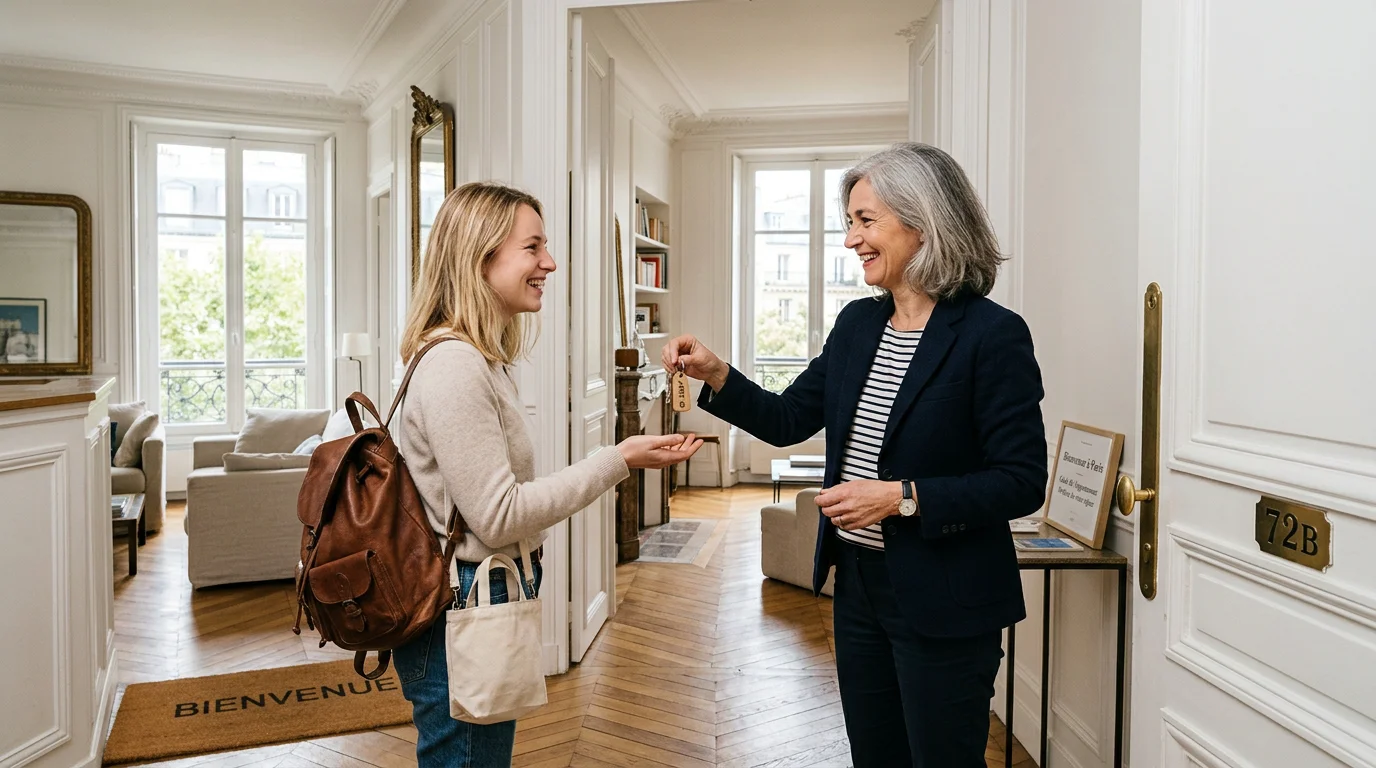 Remise des clés à un voyageur dans un appartement parisien par un gestionnaire de conciergerie