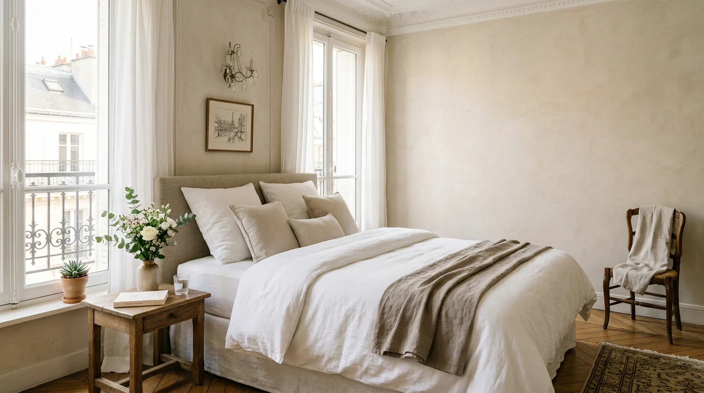 Chambre parisienne lumineuse au style épuré avec literie blanche