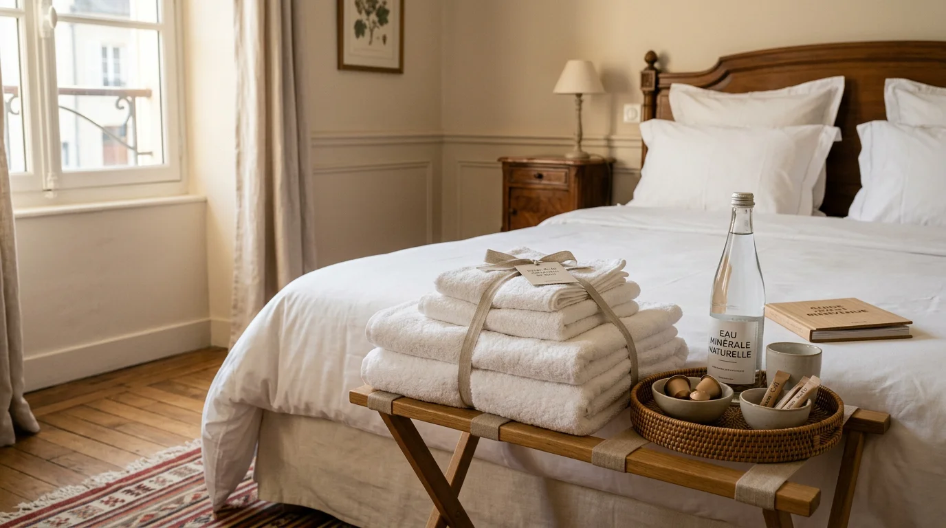 Linge de lit blanc et serviettes présentés dans une chambre soignée